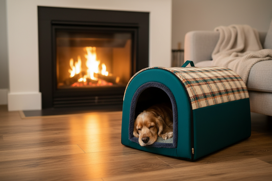 Cama igloo escocesa con Cocker Spaniel