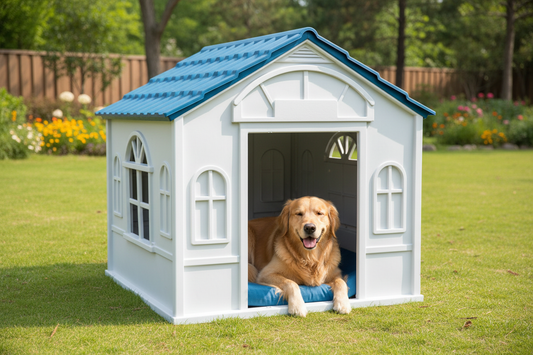 Casa de perro con techo azul en uso