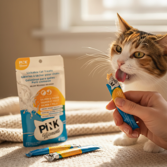 Pink Moments - Persona dando sachet cremoso a gato