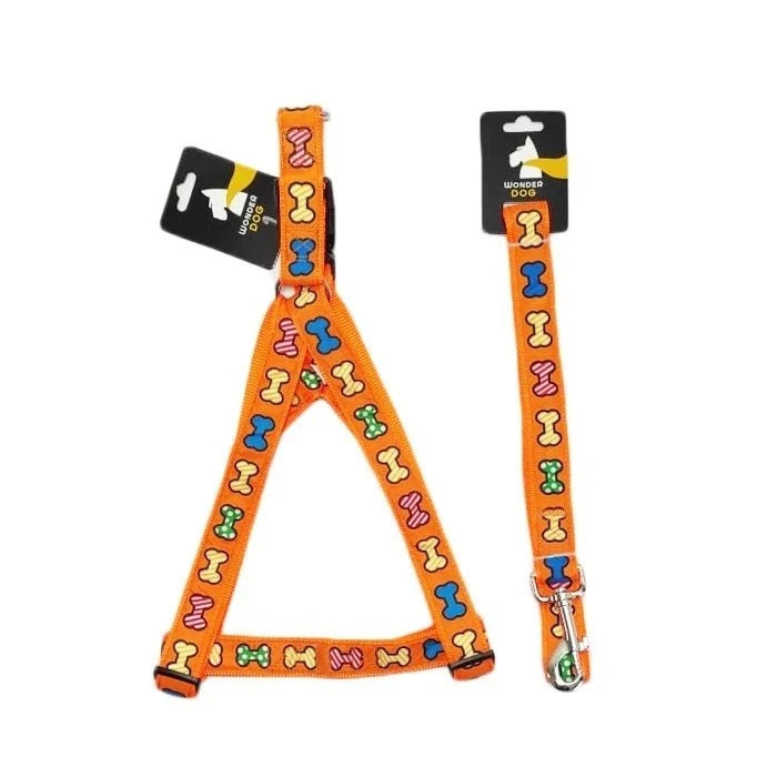 TRAILLA + ARNES DISEÑOS HUESOS 1.9 CM NARANJA - Pethome