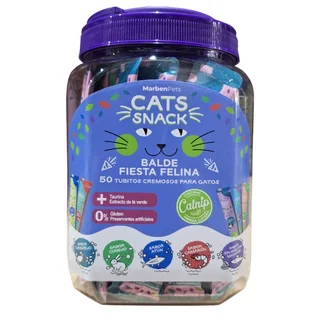 Cats snack cremoso Balde fiesta felina con hierba gatera - 50 Unidades
