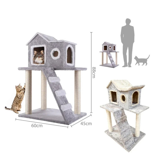 Rascador Cat Tree de 2 niveles, casa y escalera 88 cm - Gris claro - imagen 1