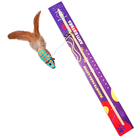 Varilla para gatos con ratón sisal y plumas - imagen 1