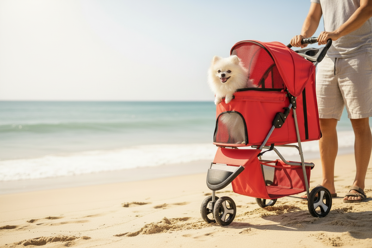 Coche rojo playa con Pomeranian
