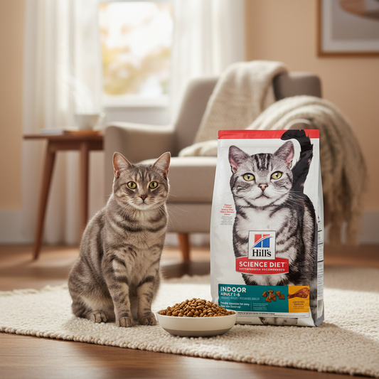 Gato atigrado gris en living con plato lleno y Hills Indoor