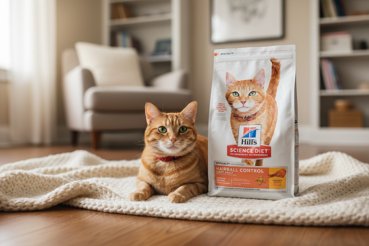 Hill's Hairball Control Light - Gato naranja posando en manta