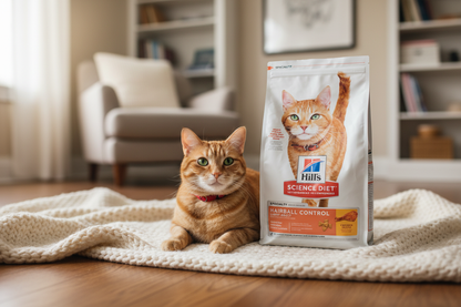Hill's Hairball Control Light - Gato naranja posando en manta