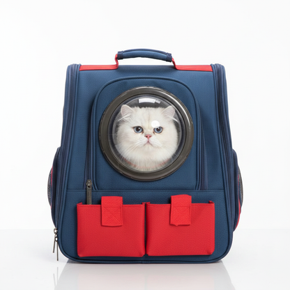 Mochila cúpula con gato blanco dentro