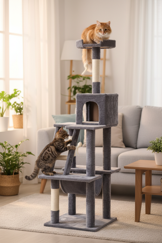Rascador con gatos en living moderno