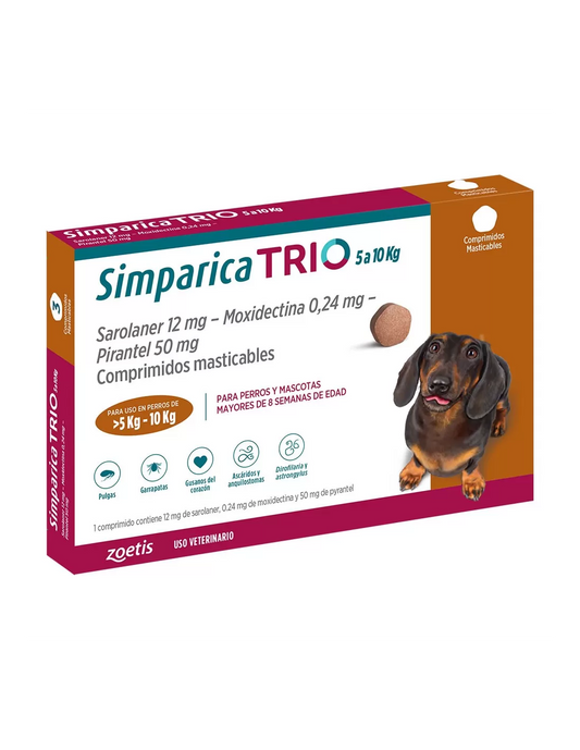 Simparica Trio X3 Comprimido Masticable para perros 5 - 10 KG
