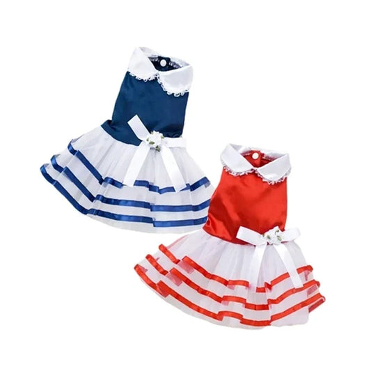 Vestido con campana estilo princesa con borde de líneas para perros y gatos